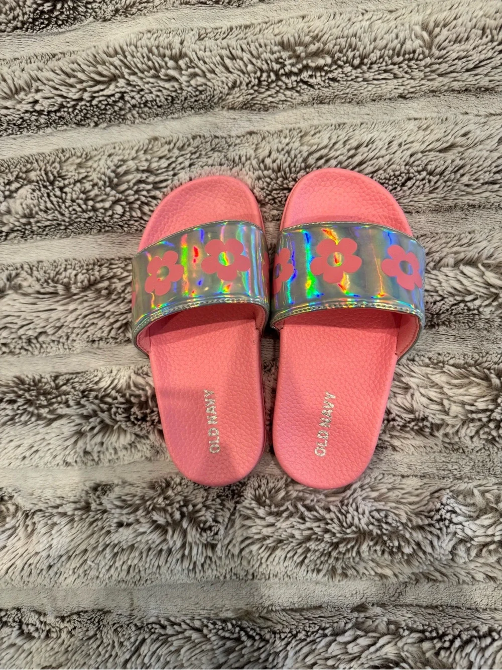 Old Navy Little Girls Pink Holographic Flower Slide Sandals Size 10-11